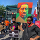 U.S. Rep. Yvette Clarke (D-NY) , right, preparing to march at a protest organized by local faith leaders in the Flatbush section of Brooklyn, N.Y. on Sunday, June 21, 2020.